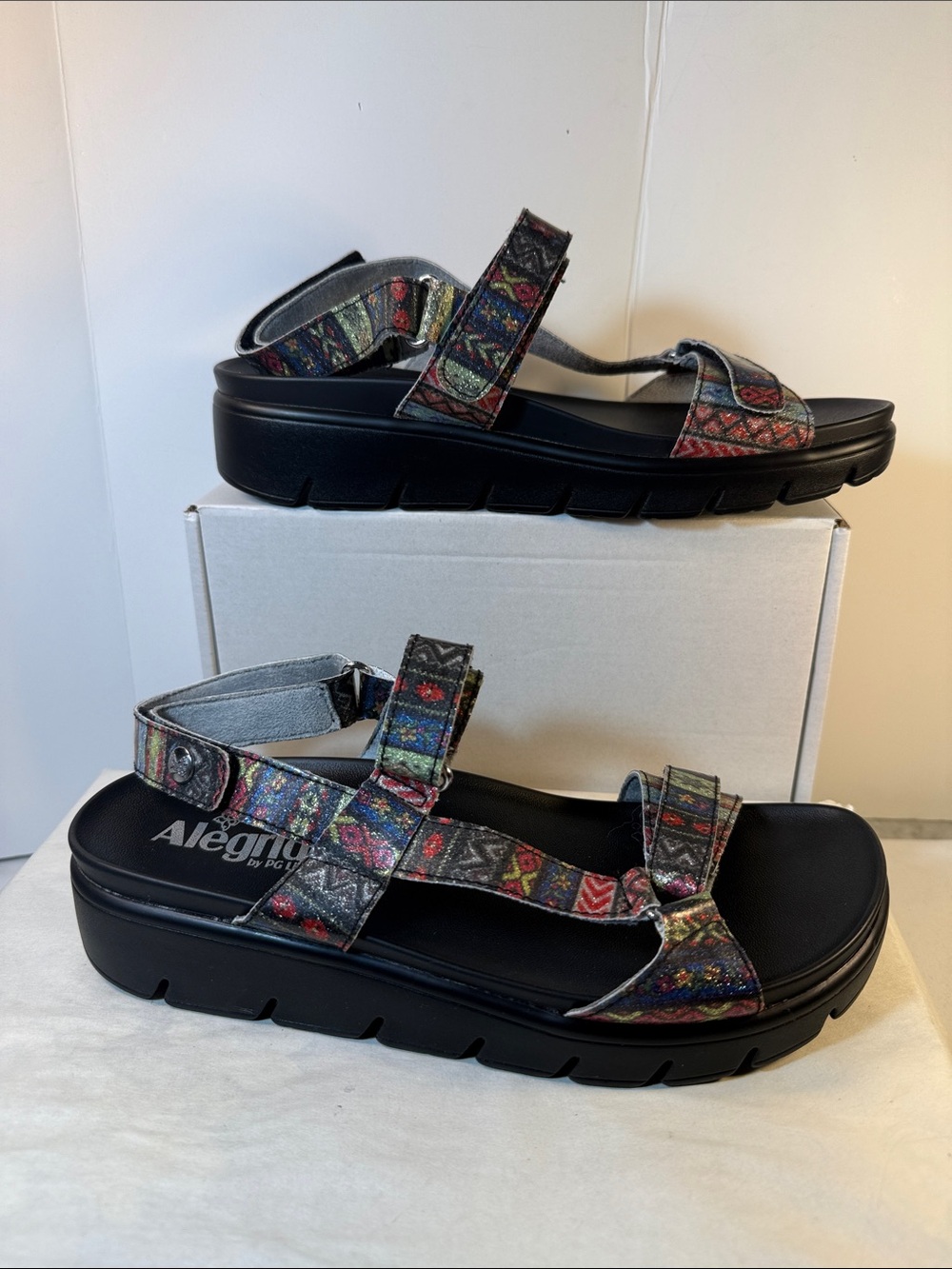 Alegria Black Multicolor Patterned Platform Sandals